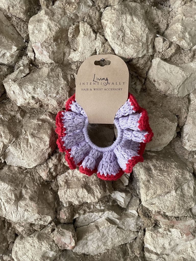 Lilac & crimson handmade crochet scrunchie